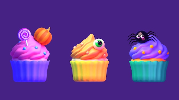 3D-gerenderde cartoon Halloween cupcake ingesteld op een paarse achtergrond.