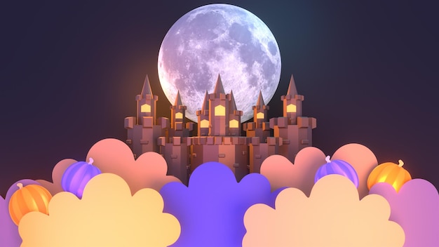 3D-gerenderde cartoon Halloween kasteel onder de maan 's nachts.