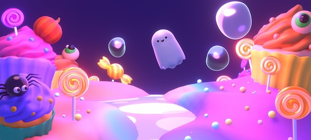 3D-gerenderde cartoon Happy Halloween snoep wonderland.