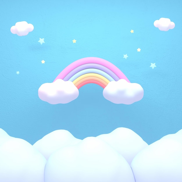 3D-gerenderde cartoon regenboog sterren en witte wolken in de blauwe lucht