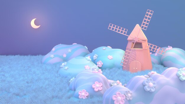 Foto 3d gerenderde cartoon windmolen's nachts