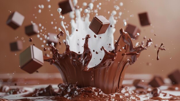 3D gerenderde chocolademelk splash met cartoon stijl melk en chocolade stukjes vliegen