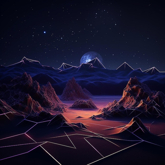 3D gerenderde foto's van abstracte neon achtergrond geometrische vorm nacht landschap met heuvels en rotsen