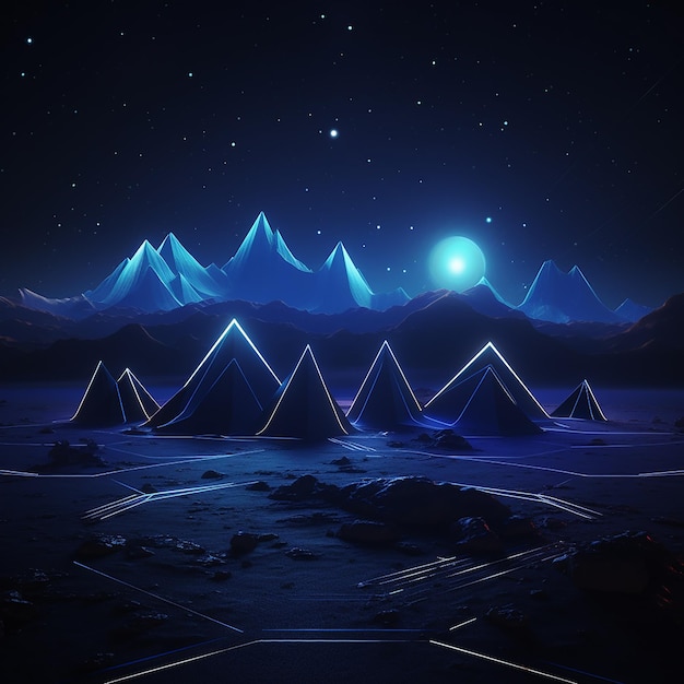3D gerenderde foto's van abstracte neon achtergrond geometrische vorm nacht landschap met heuvels en rotsen