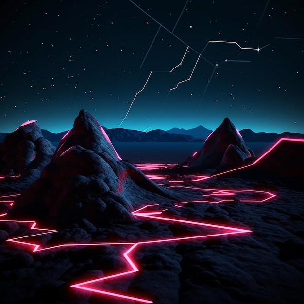 3D gerenderde foto's van abstracte neon achtergrond geometrische vorm nacht landschap met heuvels en rotsen