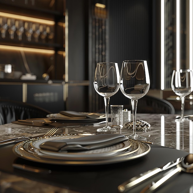 3D gerenderde foto's van bestek op tafel van een luxe restaurant