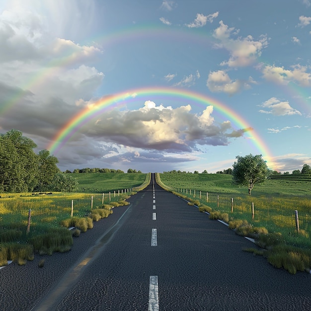 3D gerenderde foto's van een heldere regenboog over de snelweg weg groene velden aan de zijkanten echte foto
