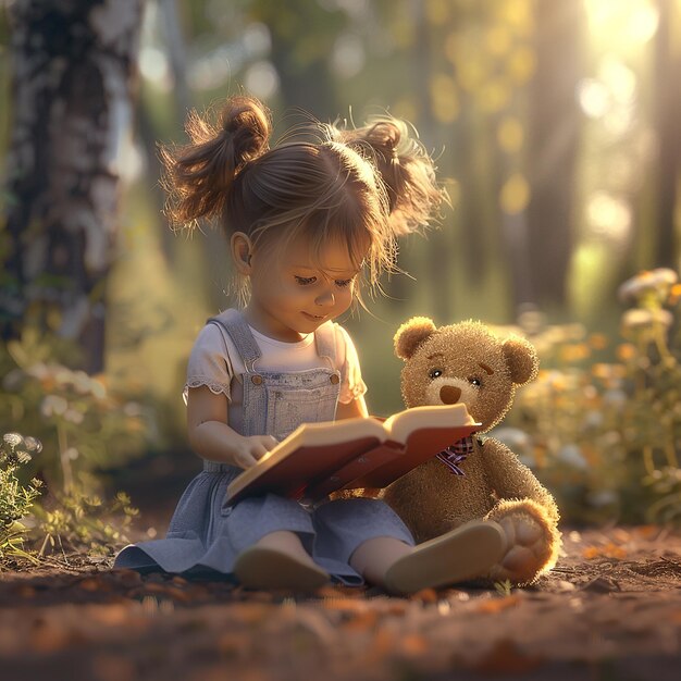 3d gerenderde foto's van een klein meisje dat met Teddy zit en haar vreugde deelt met Teddy's boek op de grond