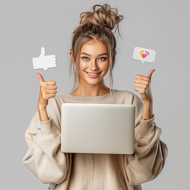 3D gerenderde foto's van een meisje met een laptop duim omhoog poseert icoon van likes en duim omlaag gewone achtergrond