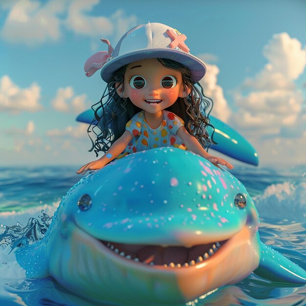 3d gerenderde foto's van klein meisje met jurk en pet 3d gestileerde animatie zittend op walvis 8K foto