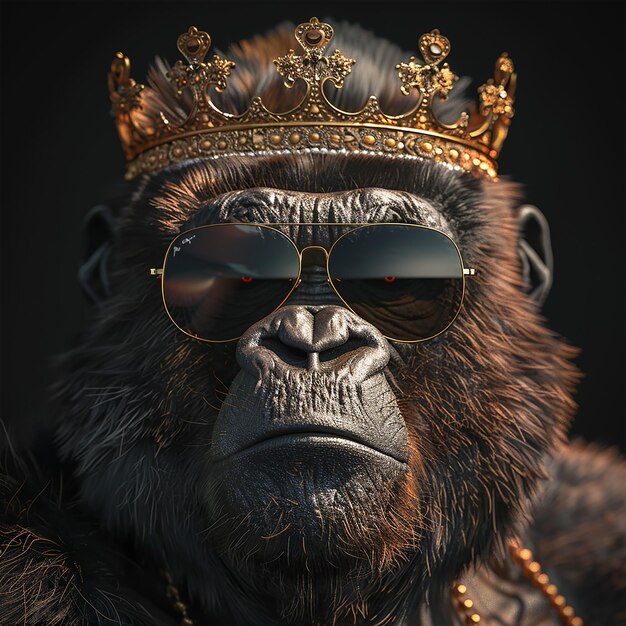 Foto 3d gerenderde foto's van realistische gorilla met zonnebril en een koninklijke kroon hij is vriendelijk en co