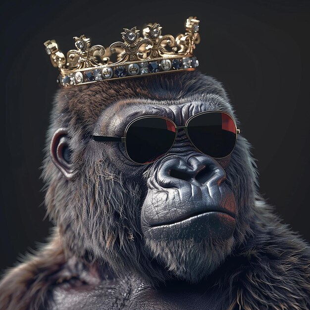 Foto 3d gerenderde foto's van realistische gorilla met zonnebril en een koninklijke kroon hij is vriendelijk en co