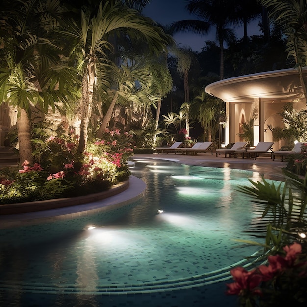3D gerenderde foto van een prachtige tuin van villa met zwembad natuur in de abstracte achtergrond