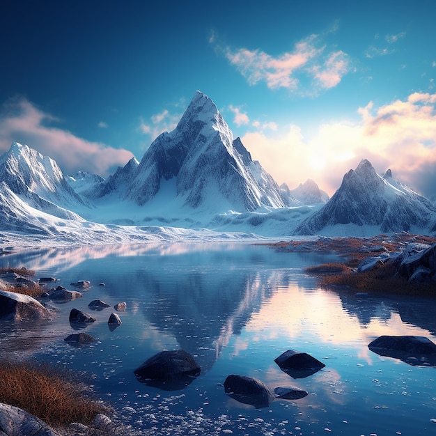 3d gerenderde foto van Fantasy mountains illustratie met veel sneeuw en een meer