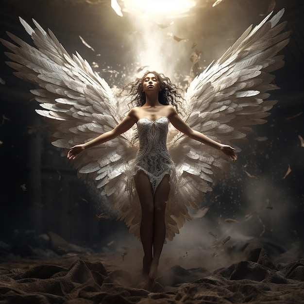 3D-gerenderde foto van Full shot vrouw met vliegende vleugels