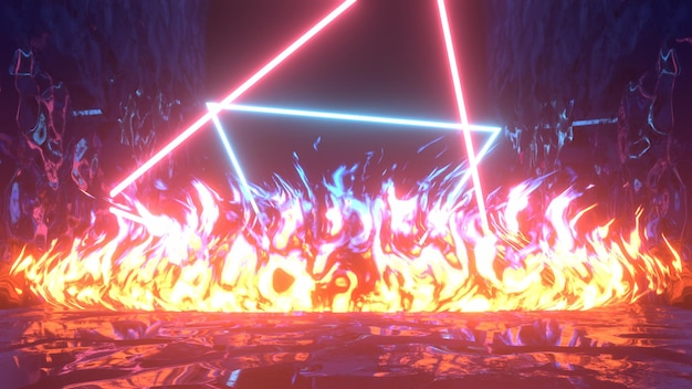 3D-gerenderde gloeiende driehoek licht stokken en brandend vuur.