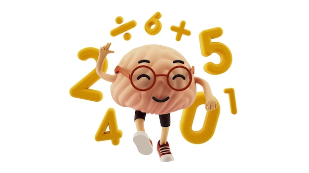 Foto 3d-gerenderde hersenen karakter kinderen educatief ontwerp wiskunde nummers