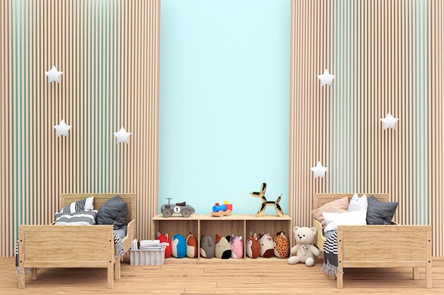 3d-gerenderde illustratie van blauwe muur kinderkamer en knuffeldieren