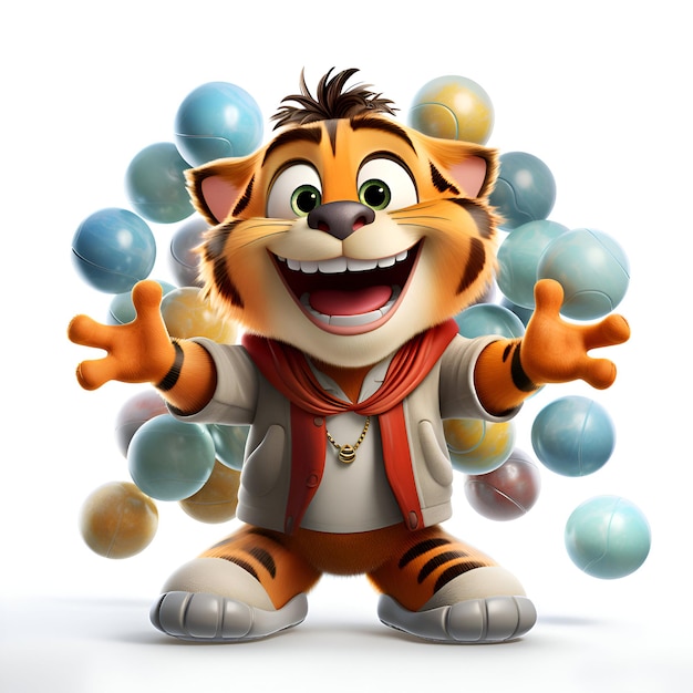 3d gerenderde illustratie van een tijger cartoon personage met kerstballen