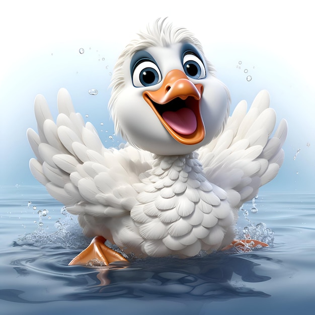 3d gerenderde illustratie van een witte eend cartoon personage zwemmen in het water