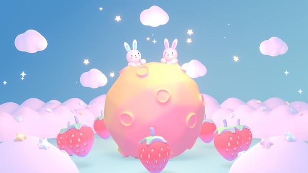 3D-gerenderde kawaii-konijntjes die op de maan liggen omringd door vers aardbeien slaapliedje thema