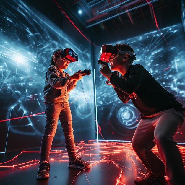 3D gerenderde kinderen met VR laser kamer schieten en spelen