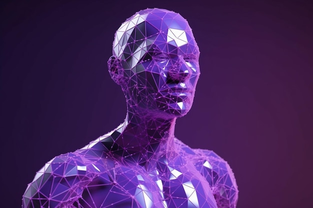 3D-gerenderde klassieke sculptuur Metaverse avatar met netwerk van lowpoly gloeiende paarse lijnen