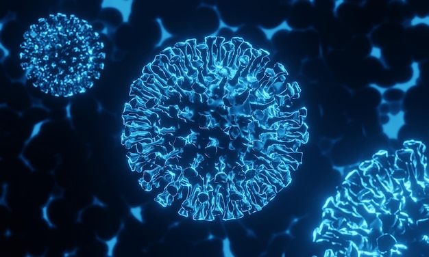 3D-gerenderde microscopisch kleine COVID19-virus Omicron-variant Coronavirus-mutatie Wereldwijde gezondheidscrisis