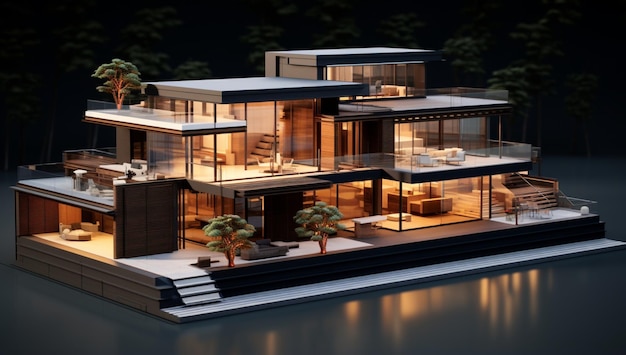 3D-gerenderde minimale moderne woonbungalow met groen dak en balkon