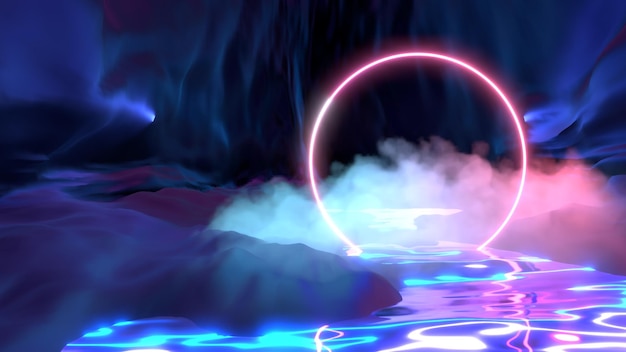 3D-gerenderde neon gloeiende ring en wolken boven het water in een donkere grot.