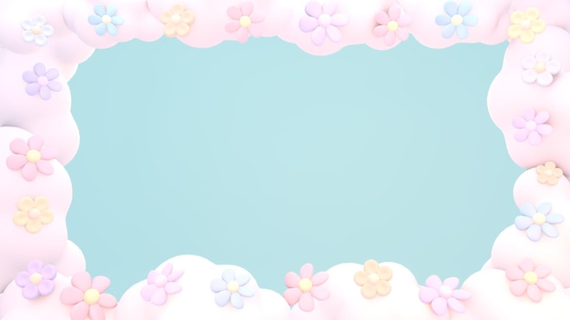 Foto 3d-gerenderde pastel bloemen en wolken frame op blauwgroen groene achtergrond