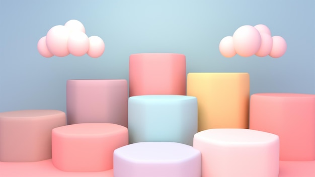 3D-gerenderde productdisplay-podia en witte wolken