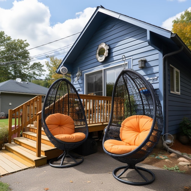 3D-gerenderde schattig klein huis met stoelen