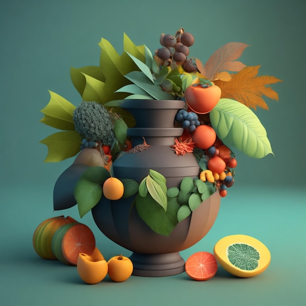3D-gerenderde stillevenvaas met bladeren en Braziliaanse voedsel- en plantenpotillustratie