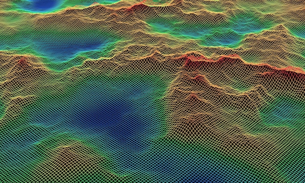 Foto 3d-gerenderde topografische draadframe. kleurniveau kaart.