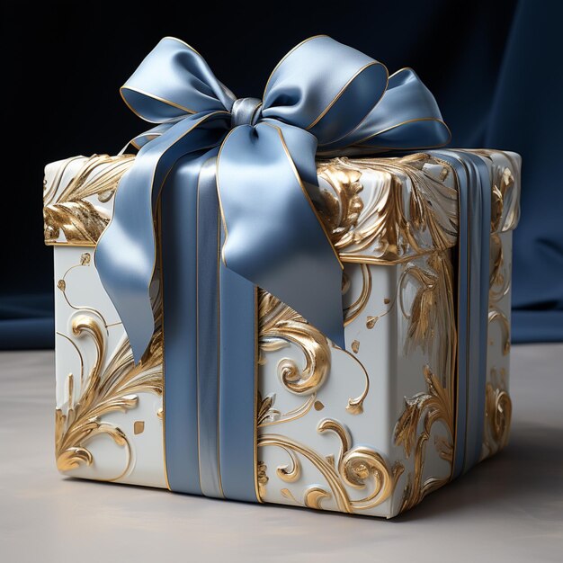 3D-geschenkdoos met een lint in de kleur wit, blauw en goud