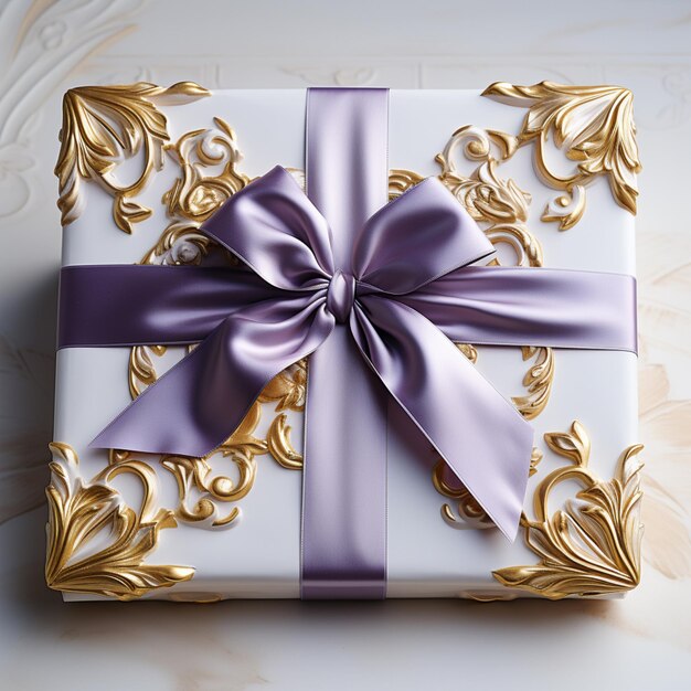 3D-geschenkdoos met een lint in de kleur wit, paars en goud