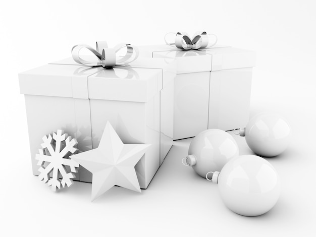 3d gift box,  christmas balls, star and snowflake.