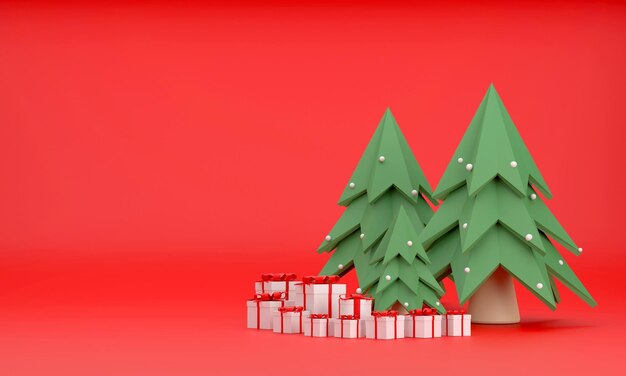 写真 3dギフトボックス クリスマスツリー 赤い背景