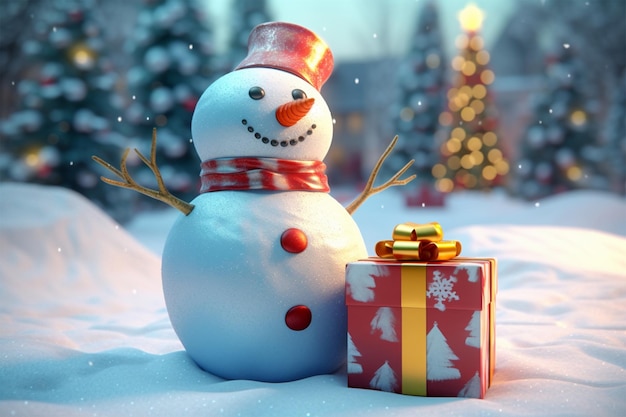 3d gift box and snowman