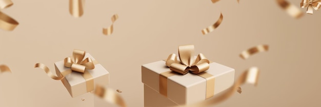 3D gift box with gold ribbon bow on beige pastel background Present mockup for cosmetic product Copy space banner for birthday Valentine's Day or Christmas Realistic design with confetti