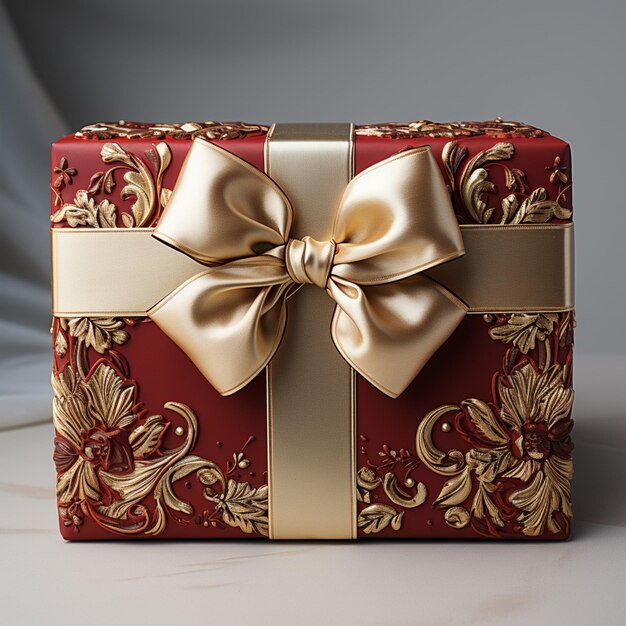 3d gift box with a ribbon in red and gold color