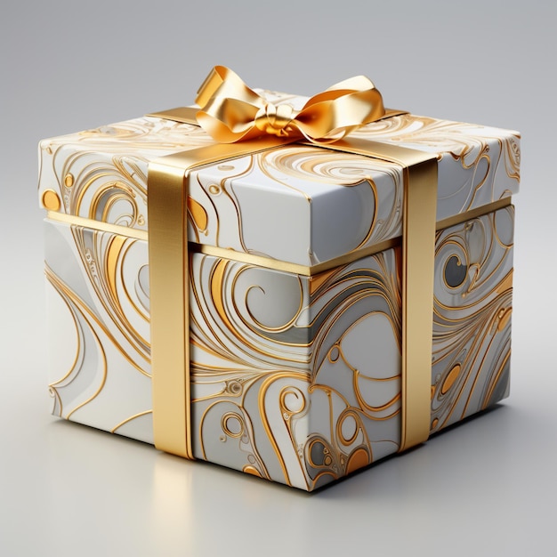 3d gift box with a ribbon in white and gold color