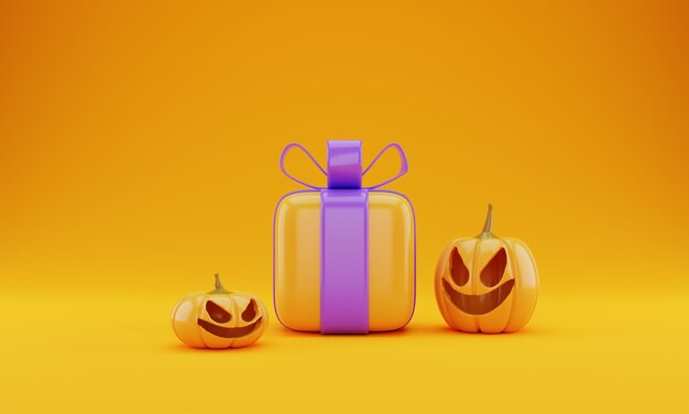 3d gift box with two halloween pumpkins on 3d rendering 3d render halloween concept