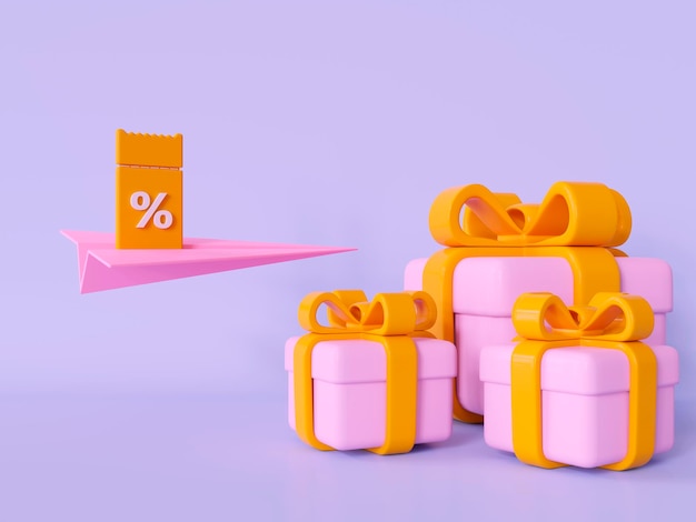 3d gift boxes pink color and yellow coupon on a plane on light blue background happy birthday