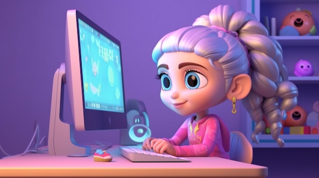 3d girl character working with computers