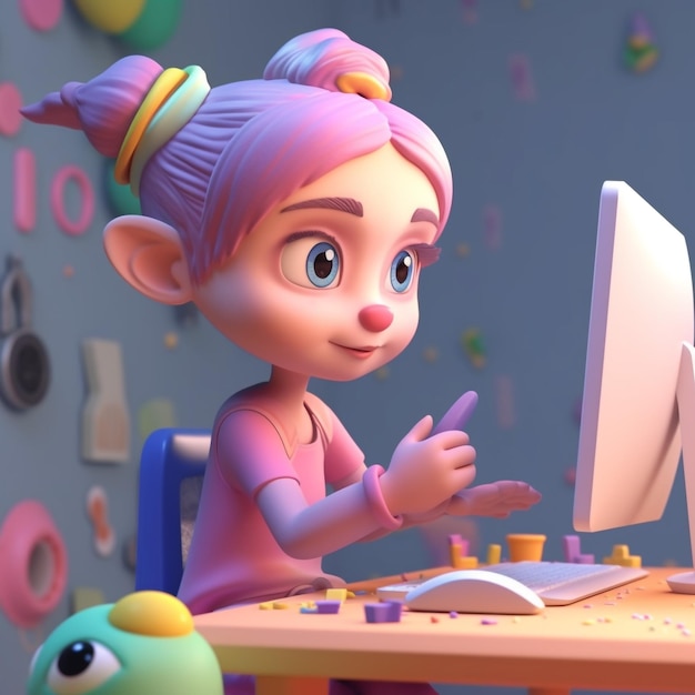 コンピューターを操作する 3 d の女の子のキャラクター