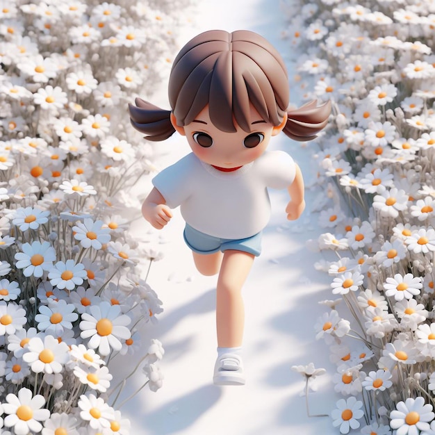 사진 꽃들 사이에서 달리는 3d 소녀