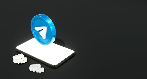 3D-glanzend Telegram Social Media-logo op telefoon met vergelijkbaar pictogram en donkere achtergrond