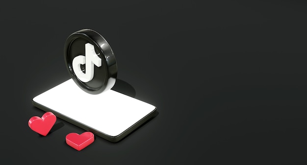 Foto 3d-glanzend tik tok-logo voor sociale media op telefoon met like-pictogram en donkere achtergrond